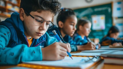 A group of young children are seated at a desk, focused on their writing tasks. They are writing with pencils on paper.
