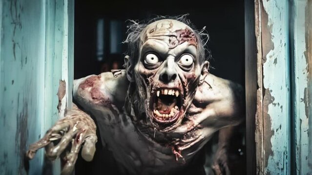 Scary Zombie with wild eyes bursts into your door.