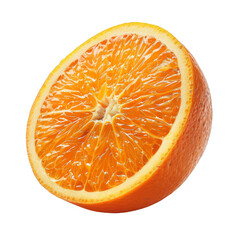 A slice of orange with a white background. The orange is cut in half and the inside is shown