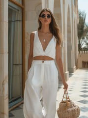 Woman Walking Down Sidewalk in White Outfit