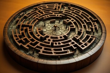 Close-up of a circular wooden maze puzzle with complex pathways, set on a warm-toned table