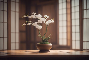 Japanese Ikebana, flower arrangement, windowsill, spring, pink flowers, small flowers, moss bonsai