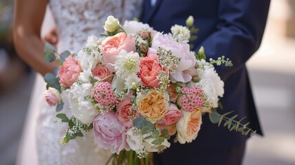 Bride and Groom Holding Bouquet of Flowers