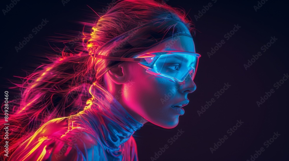 Aufkleber a womans face is brightly lit up by vibrant neon lights, creating a futuristic and visually striking