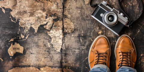 A person is standing in front of a map with a camera and a pair of shoes