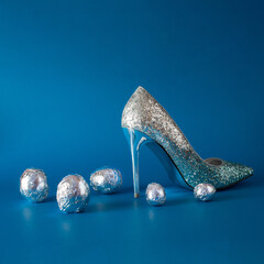 High-heeled fashion shoes that sparkle and aluminum eggs. Creative entertainment concept
