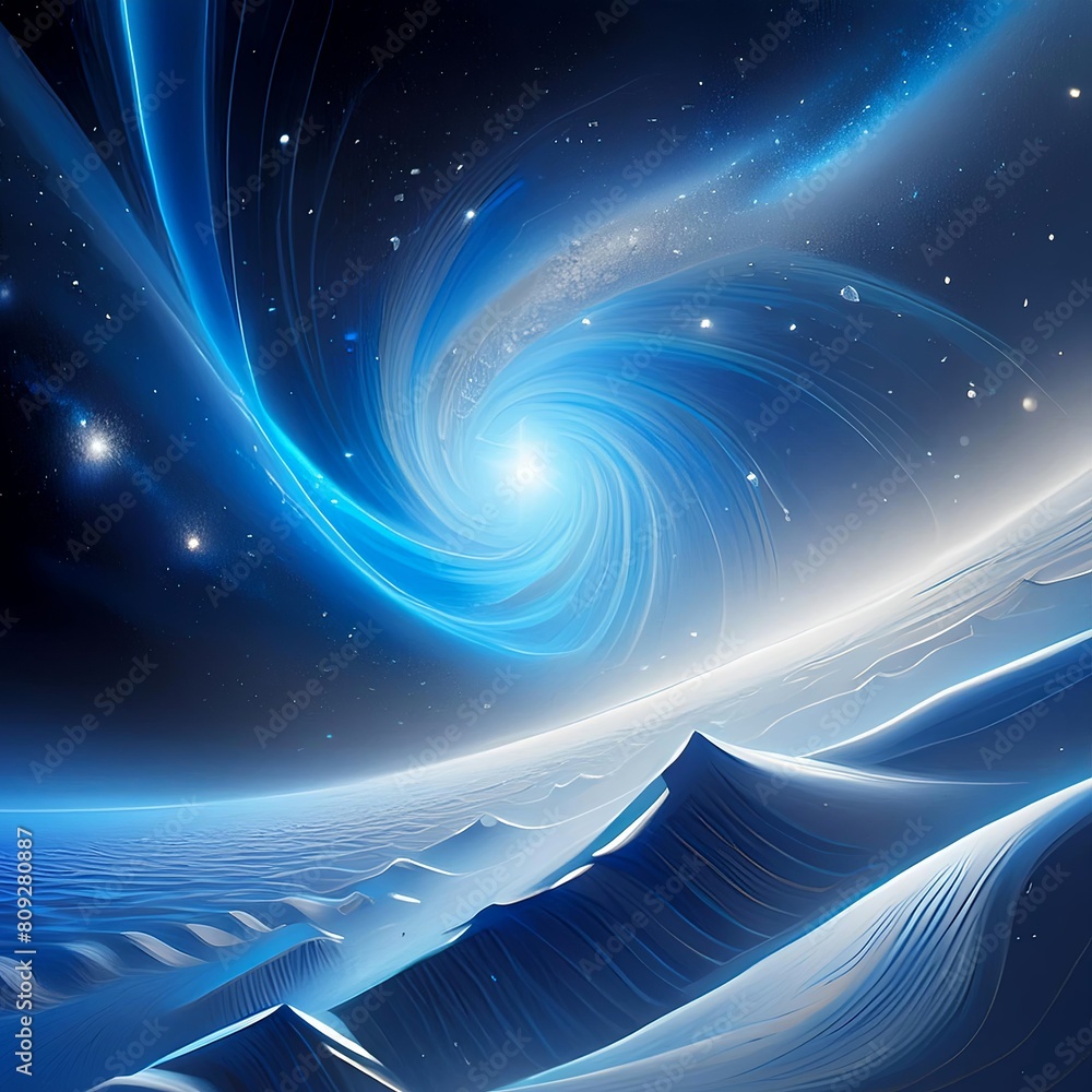 Poster abstract drawing of spiraling blue light in the sky over a space desert on a white background