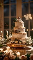 Three Tiered Wedding Cake With Flowers on Table