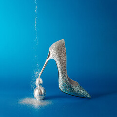 Elegant sequin shoe with high heel, silver eggs and falling sequins. Minimal concept of balance.