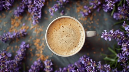 Cup of Cappuccino Surrounded by Lavender Flowers