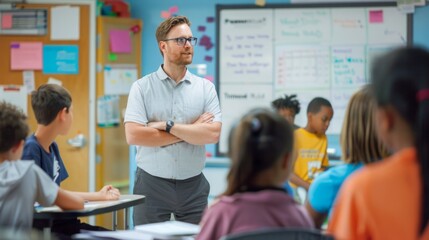 A man stands confidently in front of a classroom full of attentive students, delivering a lecture or presentation.