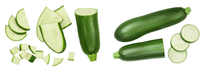 Fresh sliced zucchini isolated on white background with  full depth of field. Top view. Flat lay