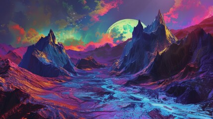 Surreal alien landscape with a large moon and colorful sky