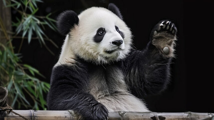 Obraz premium Portrait of a panda greeting with the panda's cute behavior. background in city zoo park