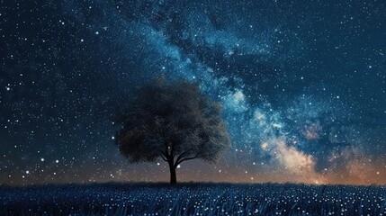 a lone tree against a starry night sky realistic