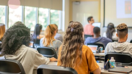 A diverse group of individuals sitting at desks, engaged in learning activities in a classroom setting.