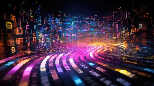 Digital neural network with swirling, colorful data and neon glow against dark background. Big data visualization