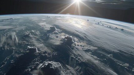 Space view of Earth with dynamic weather patterns, sunlit atmosphere, and satellite orbits. Big data visualization