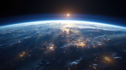 Sunlit Earth from space, showcasing dynamic weather visualization and satellite trajectories. Big data visualization