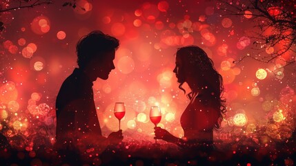 Silhouettes of a man and woman toasting with wine glasses against a mystical red backdrop with shimmering lights and bokeh.