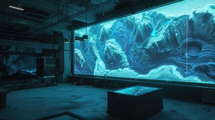 Data visualization of ocean currents and marine life in a marine facility under bioluminescent glow. Big data visualization