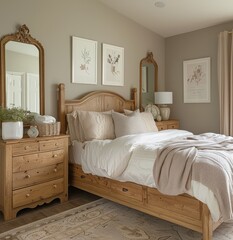 Bedroom With Bed, Dresser, and Mirror