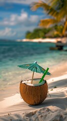 Coconut Drink With Umbrella on Beach