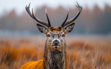 Close-up of red deer stag with large antlers and beautiful clean coat during rutting season on meadow in autumn
