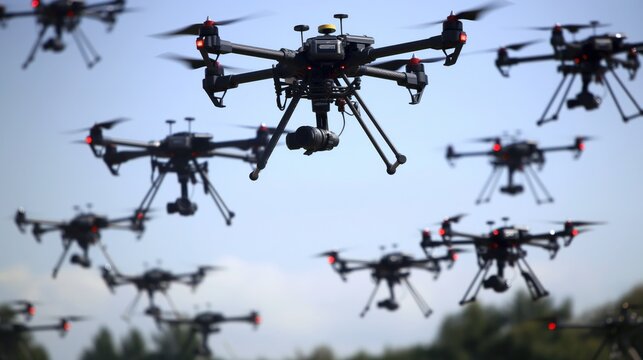 Swarm of drones flying and capturing 4k footage and high resolution images
