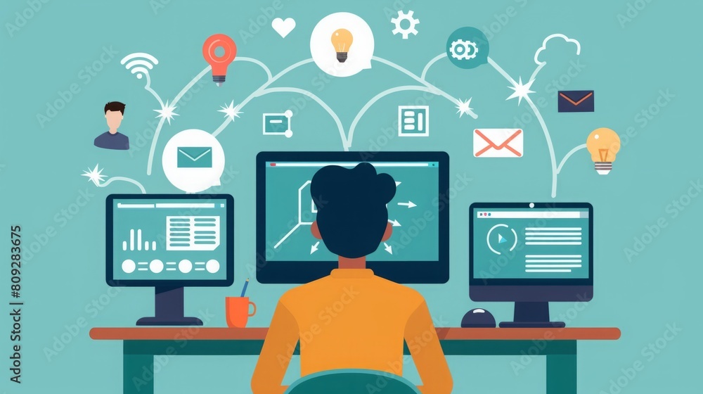 Poster a person is seated at a desk with two monitors in front of them, focusing on their work in a busines