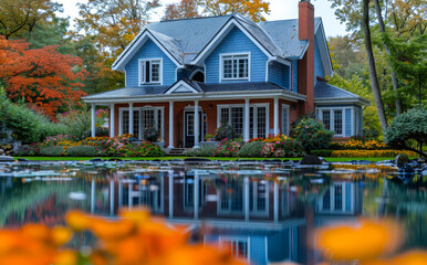 Beautiful blue house with pond in the front yard