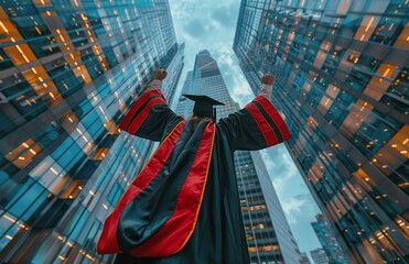 Person in Graduation Gown in Front of Tall Buildings