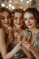 Three Women in Gold Sequins Holding Champagne Glasses