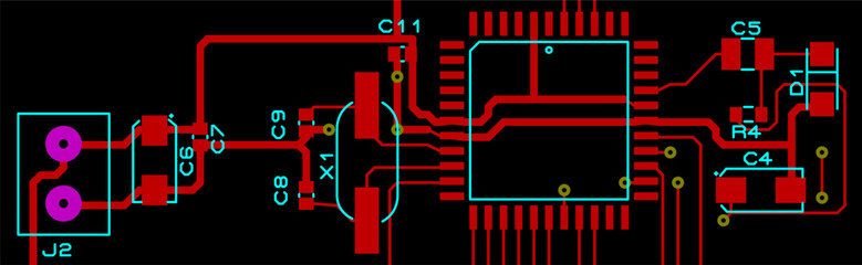 Vector printed circuit board of electronic 
device with components of radio elements, 
conductors and contact pads placed on it. 
Engineering drawing of pcb design.