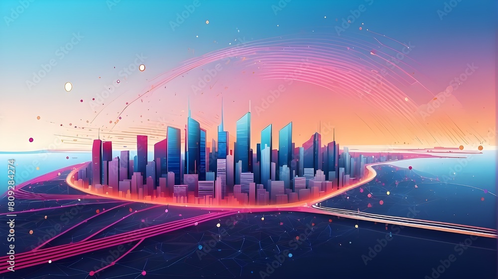 Poster the gradient line is connected to the smart city and the abstract dot point. ai generation