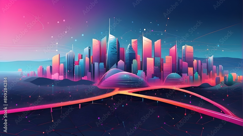 Poster the gradient line is connected to the smart city and the abstract dot point. ai generation