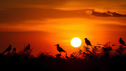 Birds in the Sunset, Silhouetted Serenity: AI Generated PNG Illustration