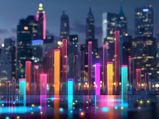 A dynamic 3D bar graph visualizing market share distribution, each bar lit in a different neon color representing a competitor, set against a modern city skyline