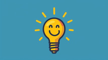 A minimalist vector icon featuring a light bulb with a bright, smiling face inside it, representing ideas illuminated by positivity