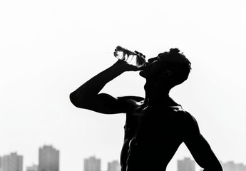 A fit young man, muscular silhouette, drinks water post-run outdoors, promoting fitness and health. Isolated on white.