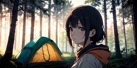 Sad anime girl at camping, anime background, illustration