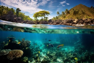 Exotic Seascape. Underwater Ecosystem Meets Tropical Island Beauty. Generative AI