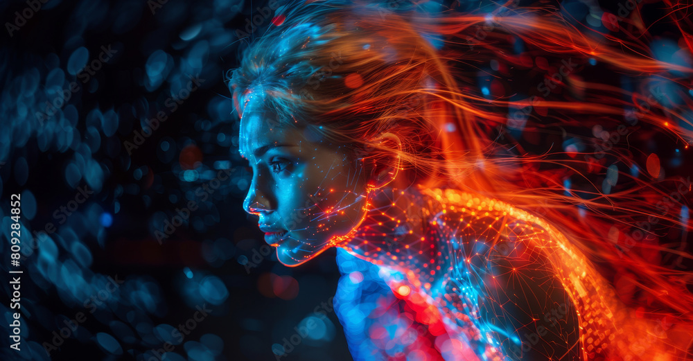 Poster a womans face is brightly lit by intense lights in the background, creating a striking visual contra