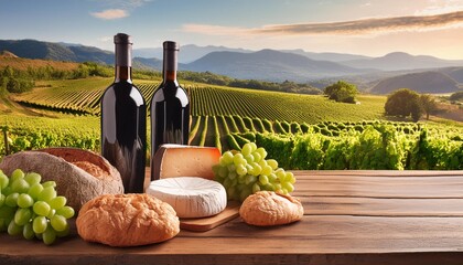 assortment of artisanal cheeses and bread on a rustic wooden table wine bottles and vineyard landscape in the distance capturing the essence of culinary tours - Powered by Adobe