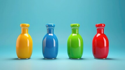 Four brightly colored, glossy bottles lined up against a soft blue backdrop