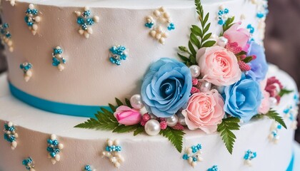 a close up of a cake decorated with flowers and pearls on a white cake with blue and pink flowers on it
