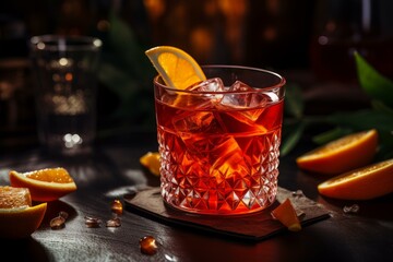 Classic negroni cocktail, garnished with a fresh orange slice, presented on a dark, moody bar top