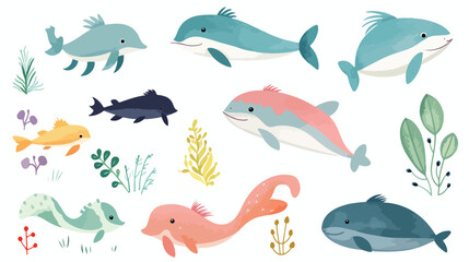 Set of sea and ocean underwater animals. Cute aquat