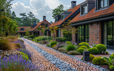 Fototapeta premium Long gravel path winds between the houses and flower beds in residential area