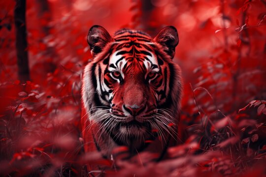 Powerful tiger stares at you from the red bushes, invoking fear